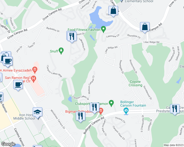 map of restaurants, bars, coffee shops, grocery stores, and more near 805 Watson Canyon Court in San Ramon