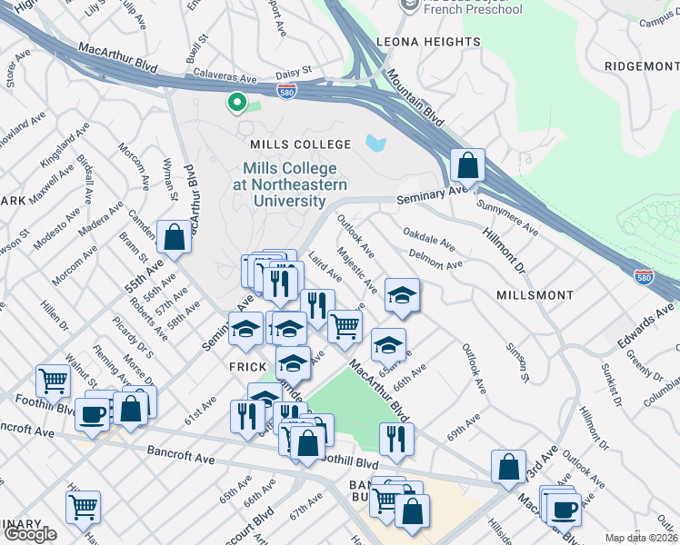map of restaurants, bars, coffee shops, grocery stores, and more near 6103 Majestic Avenue in Oakland