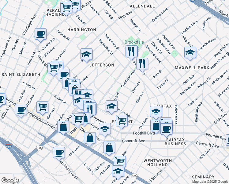 map of restaurants, bars, coffee shops, grocery stores, and more near 2183 Courtland Avenue in Oakland