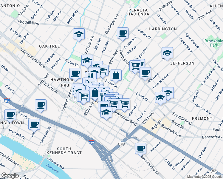 map of restaurants, bars, coffee shops, grocery stores, and more near 3629 East 16th Street in Oakland
