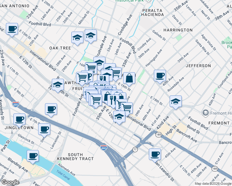 map of restaurants, bars, coffee shops, grocery stores, and more near 1512 35th Avenue in Oakland