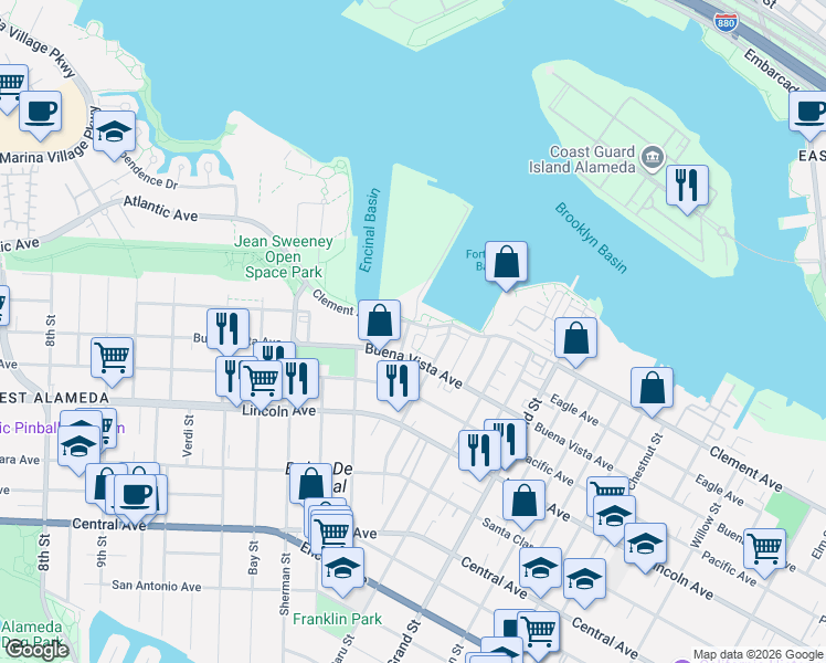 map of restaurants, bars, coffee shops, grocery stores, and more near 1521 Buena Vista Avenue in Alameda