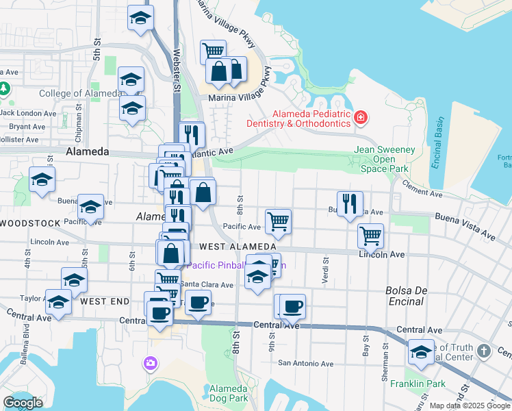 map of restaurants, bars, coffee shops, grocery stores, and more near 1812 Nason Street in Alameda