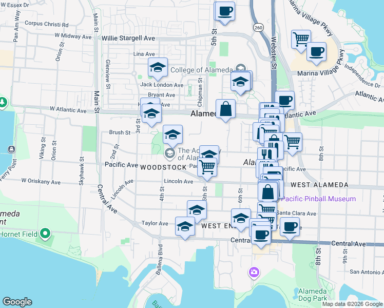 map of restaurants, bars, coffee shops, grocery stores, and more near 460 Buena Vista Avenue in Alameda