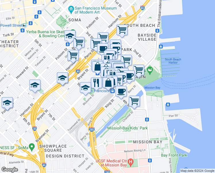 map of restaurants, bars, coffee shops, grocery stores, and more near 660 4th Street in San Francisco