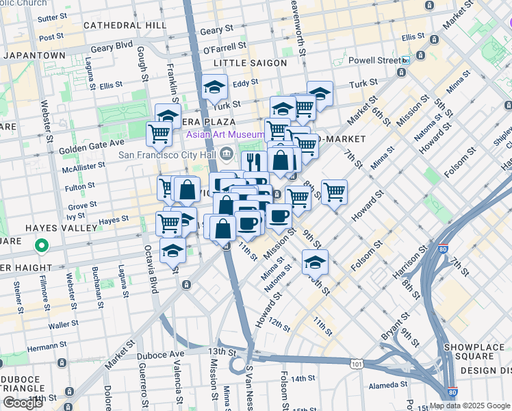map of restaurants, bars, coffee shops, grocery stores, and more near 95 Hayes Street in San Francisco