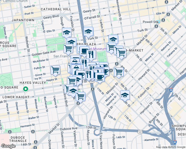 map of restaurants, bars, coffee shops, grocery stores, and more near 50 Fell Street in San Francisco