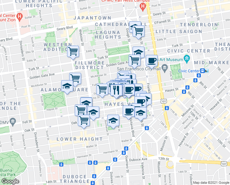 map of restaurants, bars, coffee shops, grocery stores, and more near 531 Grove Street in San Francisco