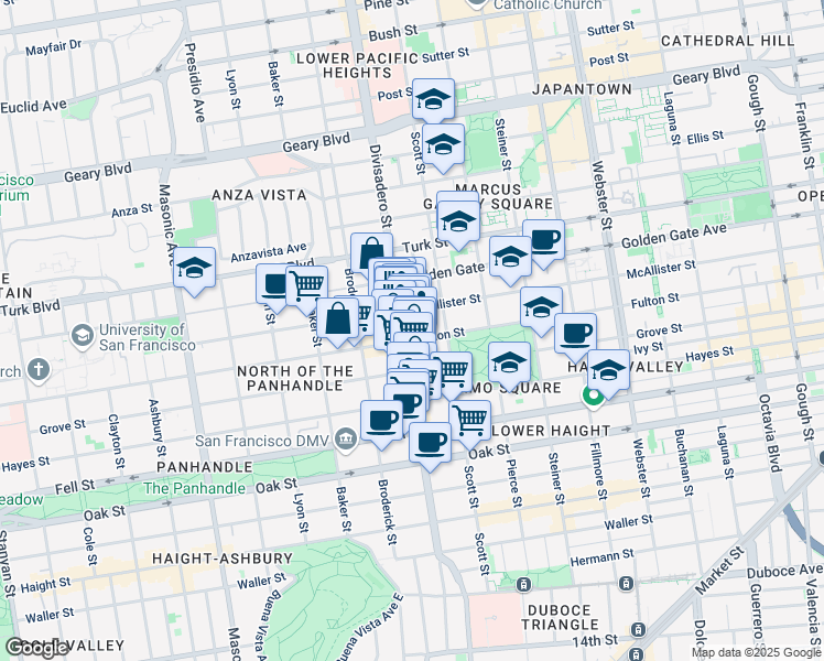 map of restaurants, bars, coffee shops, grocery stores, and more near 1555 McAllister Street in San Francisco
