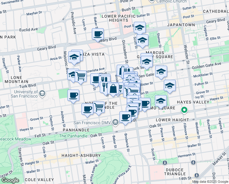 map of restaurants, bars, coffee shops, grocery stores, and more near 1711 McAllister Street in San Francisco