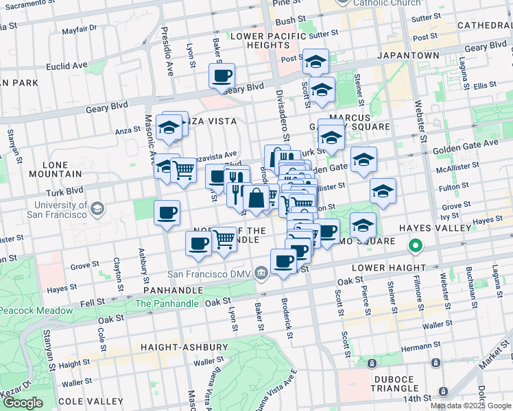map of restaurants, bars, coffee shops, grocery stores, and more near 1711 McAllister Street in San Francisco