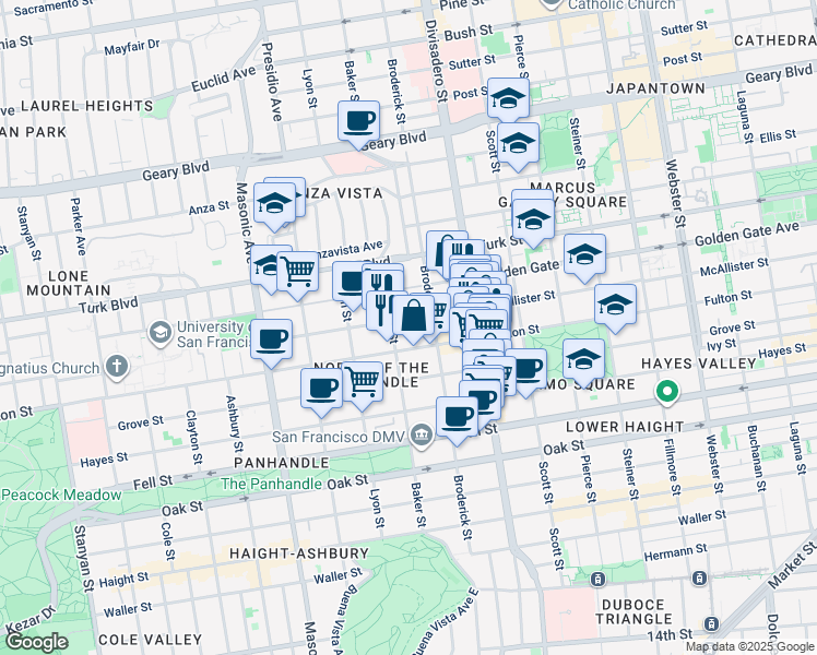 map of restaurants, bars, coffee shops, grocery stores, and more near 1711 McAllister Street in San Francisco
