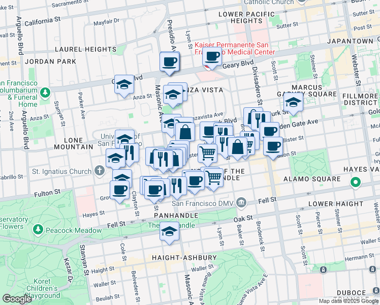 map of restaurants, bars, coffee shops, grocery stores, and more near 836 Central Avenue in San Francisco