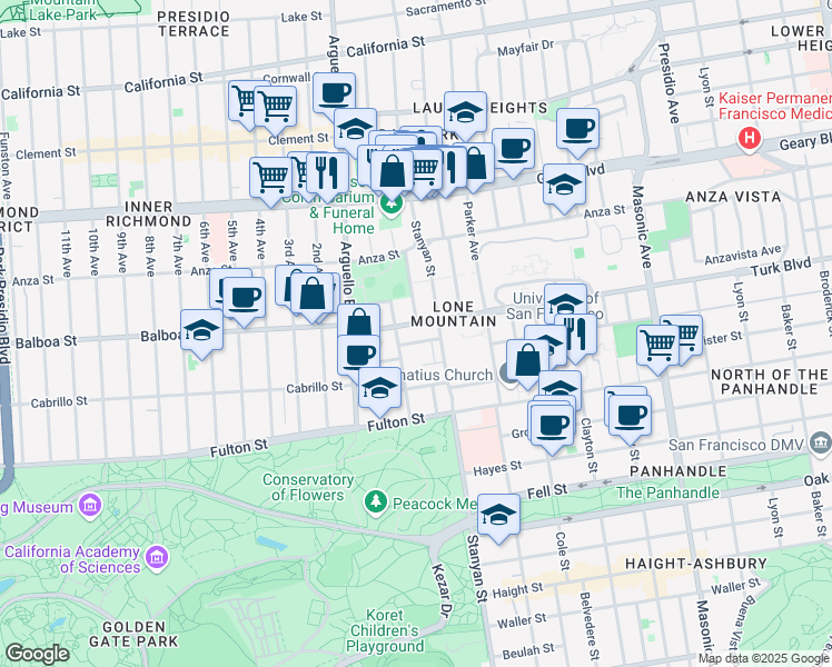 map of restaurants, bars, coffee shops, grocery stores, and more near 3001 Turk Boulevard in San Francisco