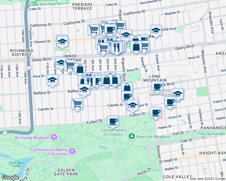 map of restaurants, bars, coffee shops, grocery stores, and more near 597 2nd Avenue in San Francisco