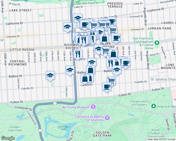 map of restaurants, bars, coffee shops, grocery stores, and more near 574 11th Avenue in San Francisco