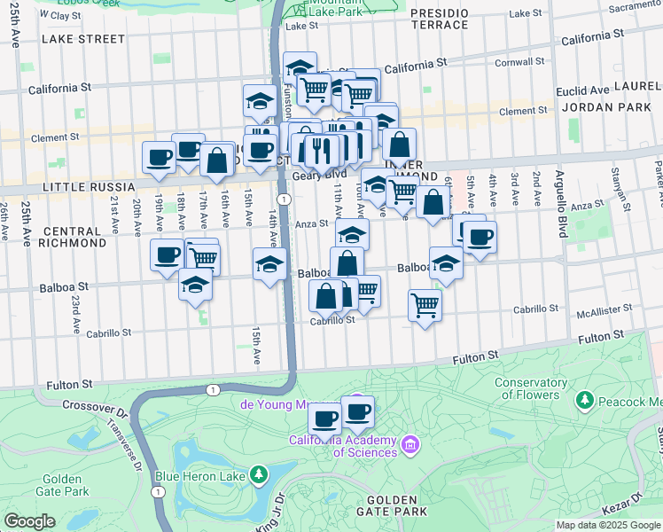 map of restaurants, bars, coffee shops, grocery stores, and more near 576 12th Avenue in San Francisco