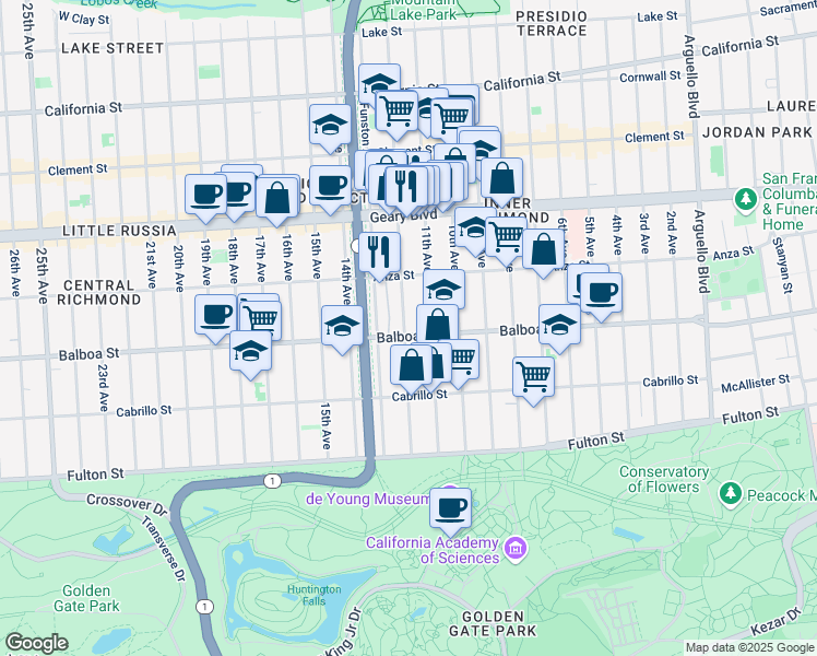 map of restaurants, bars, coffee shops, grocery stores, and more near 576 12th Avenue in San Francisco