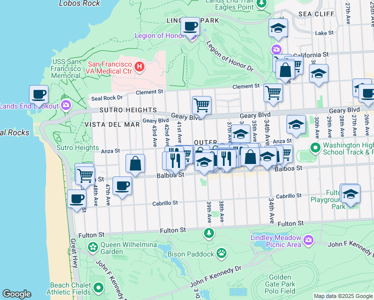 map of restaurants, bars, coffee shops, grocery stores, and more near 594 40th Avenue in San Francisco