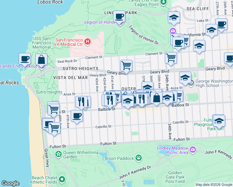 map of restaurants, bars, coffee shops, grocery stores, and more near 595 41st Avenue in San Francisco