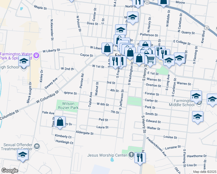 map of restaurants, bars, coffee shops, grocery stores, and more near 408 South A Street in Farmington