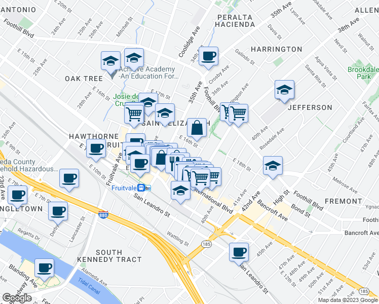 map of restaurants, bars, coffee shops, grocery stores, and more near 3629 East 16th Street in Oakland