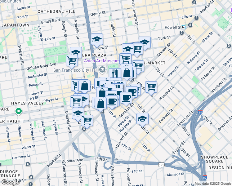 map of restaurants, bars, coffee shops, grocery stores, and more near 1390 Market Street in San Francisco