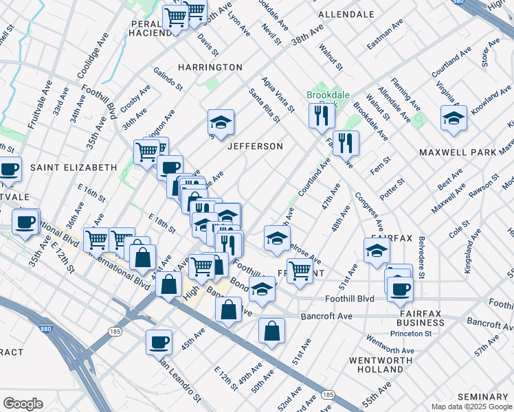 map of restaurants, bars, coffee shops, grocery stores, and more near 4220 Carrington Street in Oakland