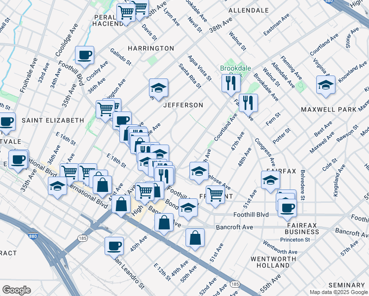 map of restaurants, bars, coffee shops, grocery stores, and more near 4220 Carrington Street in Oakland