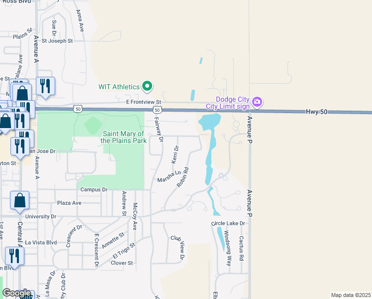 map of restaurants, bars, coffee shops, grocery stores, and more near 2309 Robin Road in Dodge City