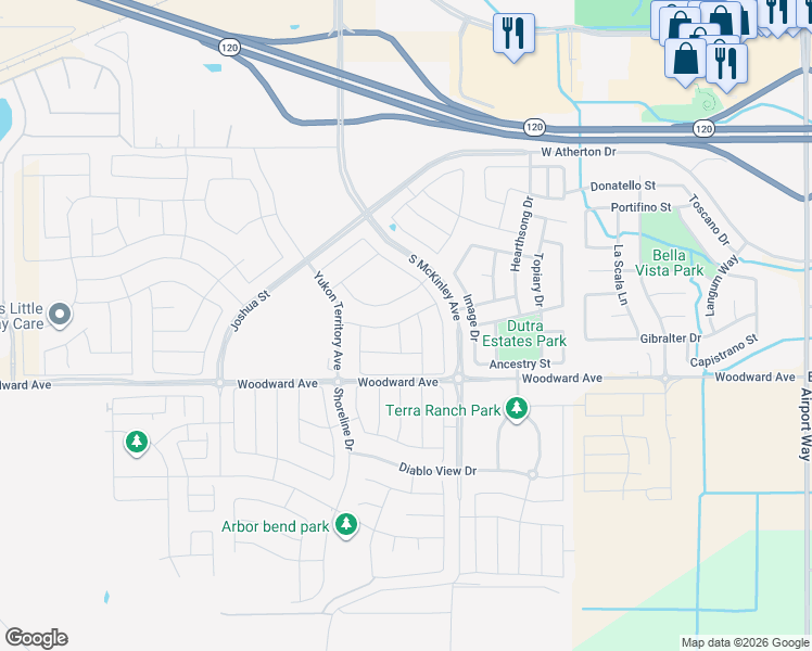 map of restaurants, bars, coffee shops, grocery stores, and more near 1706 Teller Avenue in Manteca