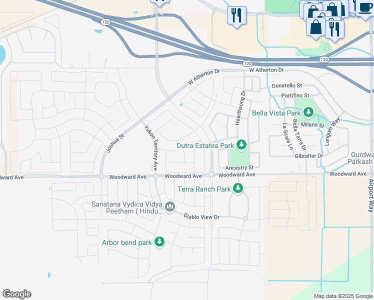 map of restaurants, bars, coffee shops, grocery stores, and more near 1706 Teller Avenue in Manteca