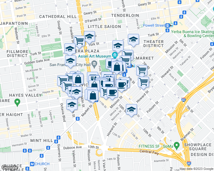 map of restaurants, bars, coffee shops, grocery stores, and more near 95 Hayes Street in San Francisco