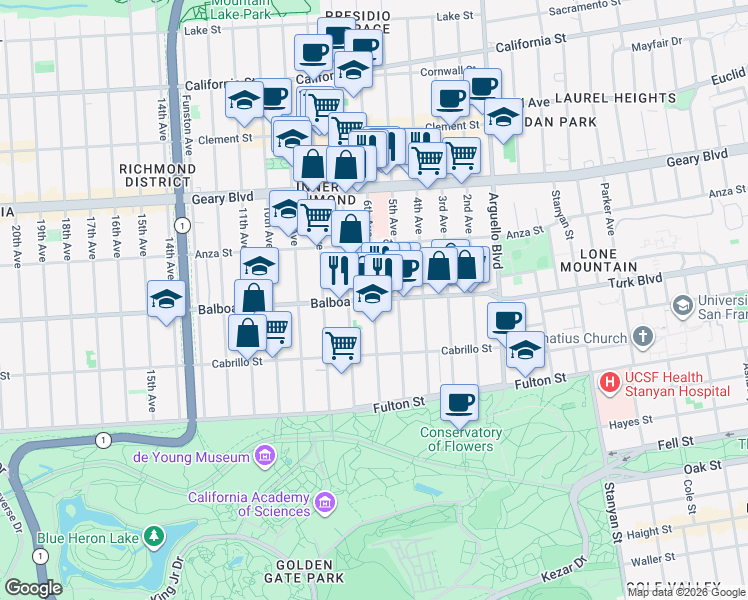 map of restaurants, bars, coffee shops, grocery stores, and more near Balboa Street & 6th Avenue in San Francisco
