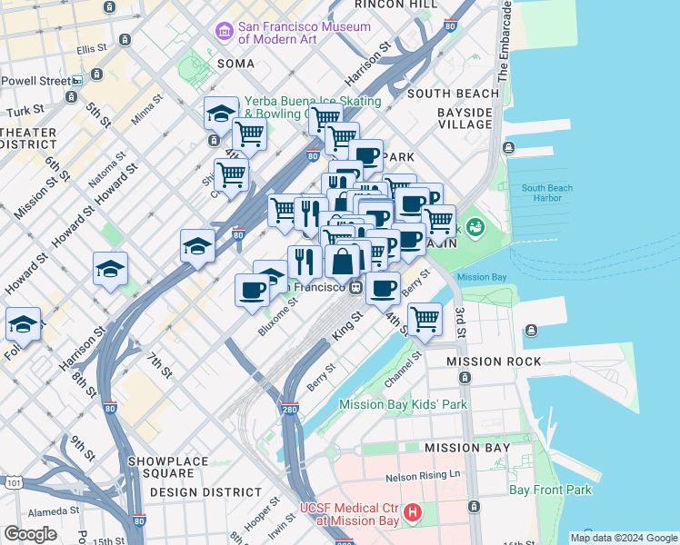 map of restaurants, bars, coffee shops, grocery stores, and more near 1 Bluxome Street in San Francisco