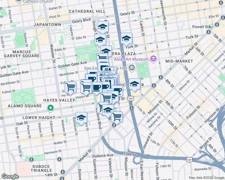 map of restaurants, bars, coffee shops, grocery stores, and more near 351 Grove Street in San Francisco