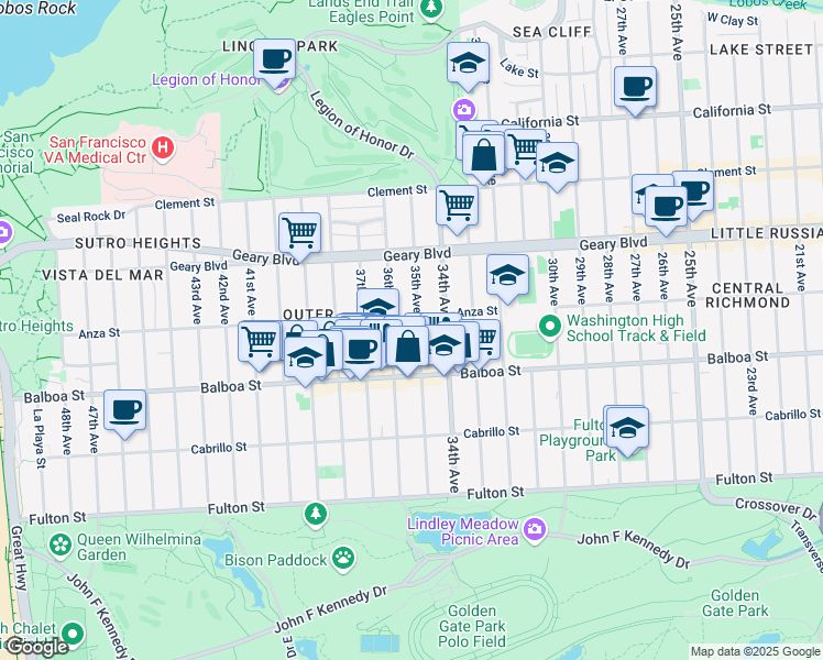 map of restaurants, bars, coffee shops, grocery stores, and more near 4545 Anza Street in San Francisco