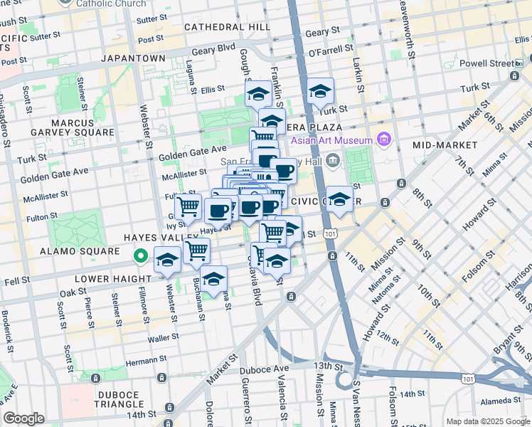 map of restaurants, bars, coffee shops, grocery stores, and more near 465 Grove Street in San Francisco