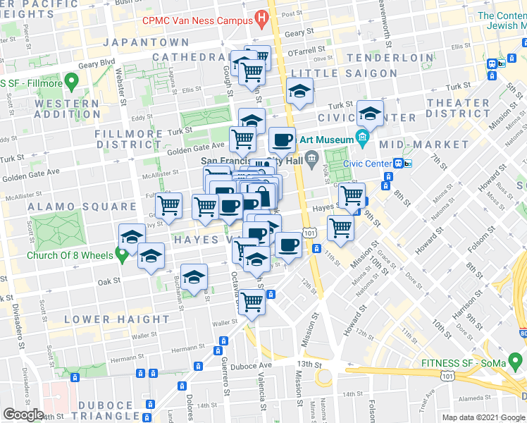 map of restaurants, bars, coffee shops, grocery stores, and more near 351 Grove Street in San Francisco