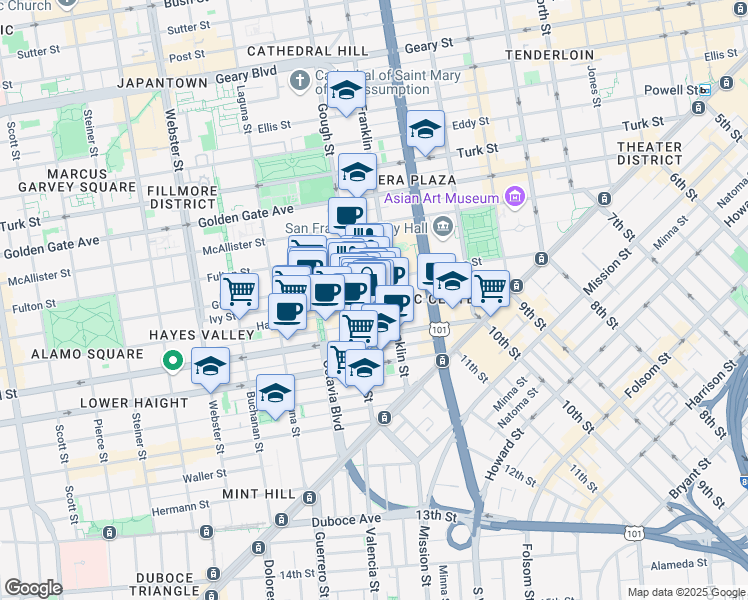 map of restaurants, bars, coffee shops, grocery stores, and more near 351 Grove Street in San Francisco