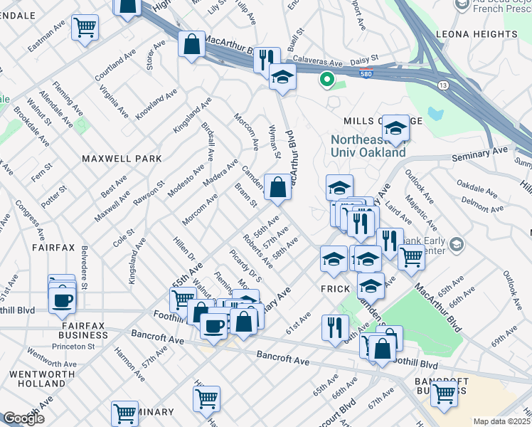 map of restaurants, bars, coffee shops, grocery stores, and more near 3020 55th Avenue in Oakland