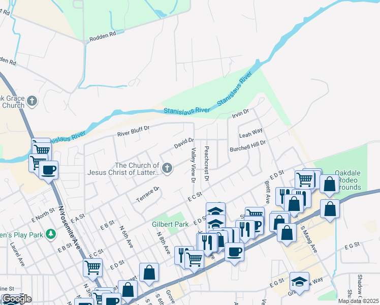 map of restaurants, bars, coffee shops, grocery stores, and more near 600 Valley View Drive in Oakdale
