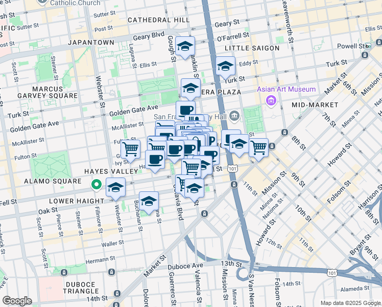 map of restaurants, bars, coffee shops, grocery stores, and more near 351 Grove Street in San Francisco