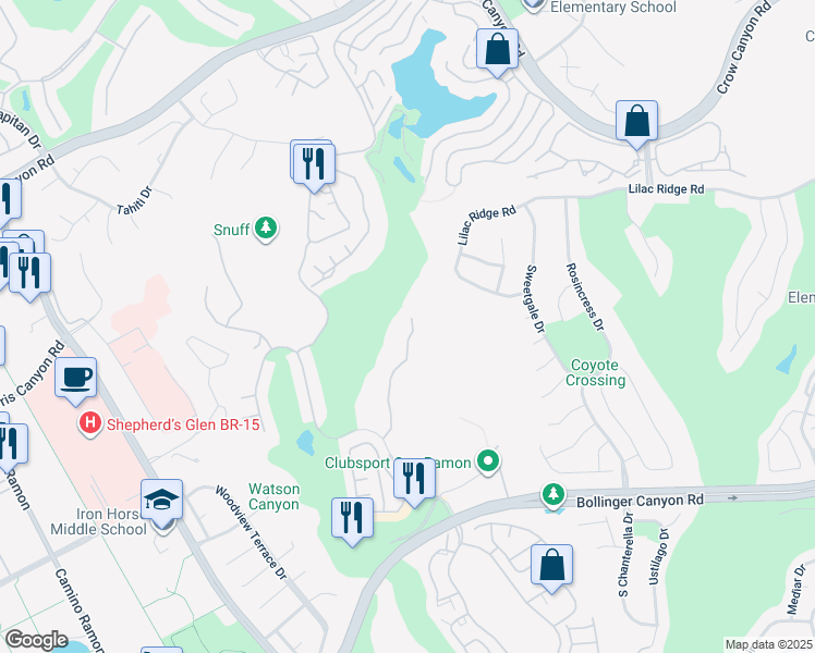 map of restaurants, bars, coffee shops, grocery stores, and more near 805 Watson Canyon Court in San Ramon