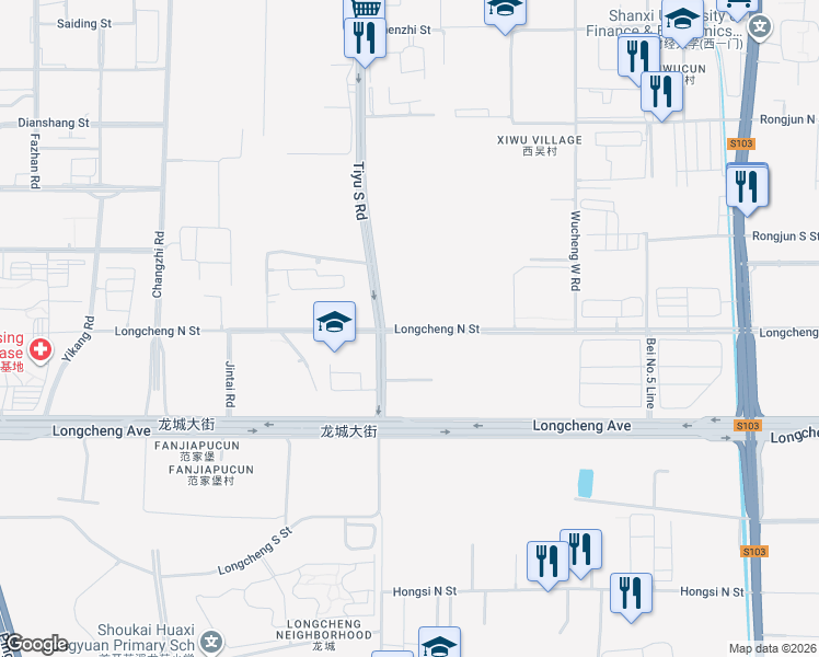 map of restaurants, bars, coffee shops, grocery stores, and more near Long Cheng Bei Jie in Tai Yuan Shi