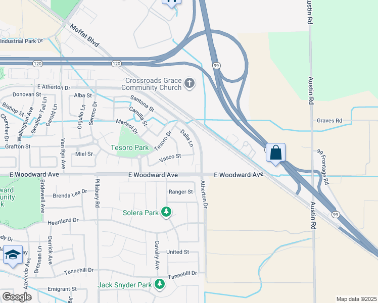 map of restaurants, bars, coffee shops, grocery stores, and more near 1751 Dalia Lane in Manteca