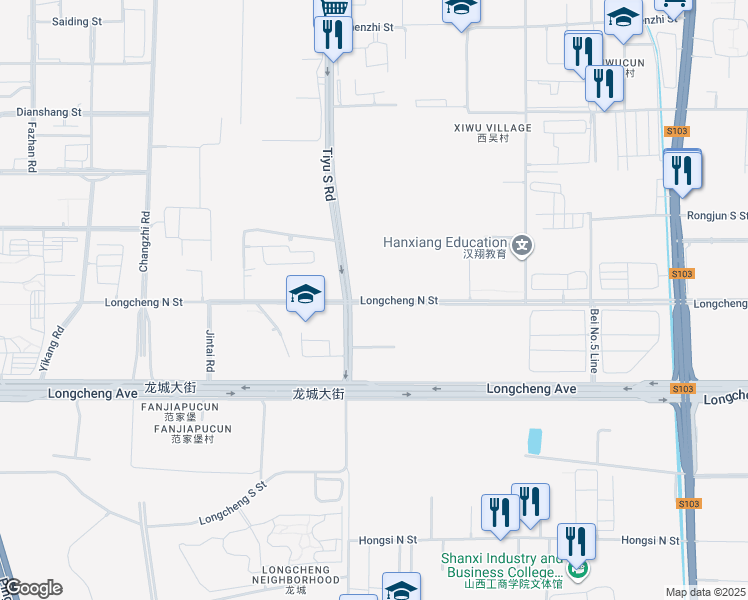 map of restaurants, bars, coffee shops, grocery stores, and more near Long Cheng Bei Jie in Tai Yuan Shi