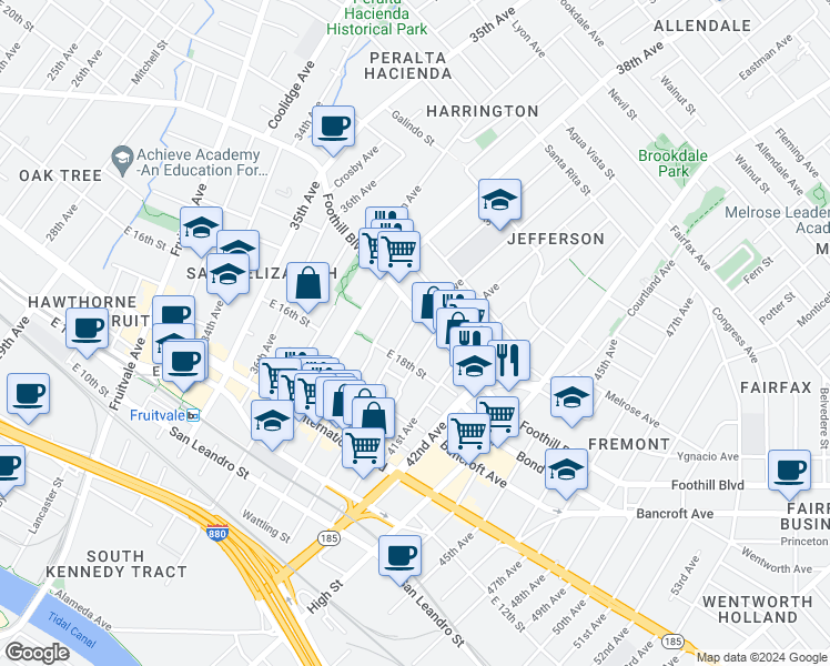 map of restaurants, bars, coffee shops, grocery stores, and more near 1838 40th Avenue in Oakland
