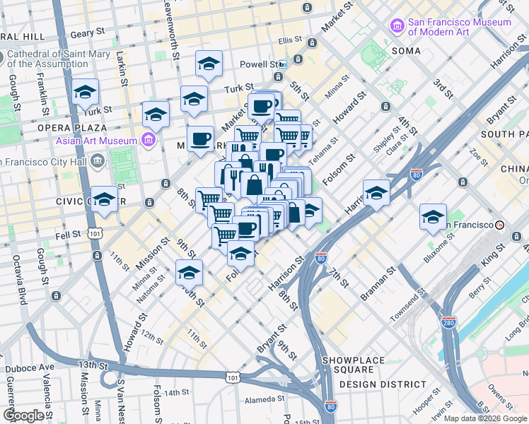 map of restaurants, bars, coffee shops, grocery stores, and more near 230 7th Street in San Francisco