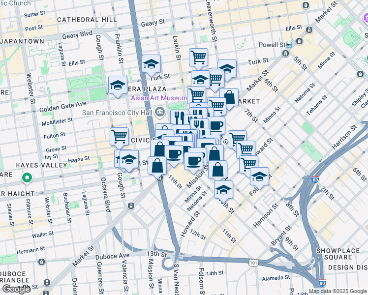 map of restaurants, bars, coffee shops, grocery stores, and more near in San Francisco